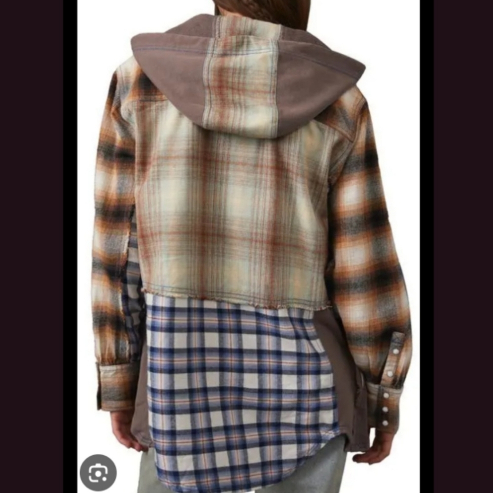 We The Free People BLUE RIDGE Mixed Plaid + Media Hoodie Hooded Jacket Shacket - Picture 4 of 16